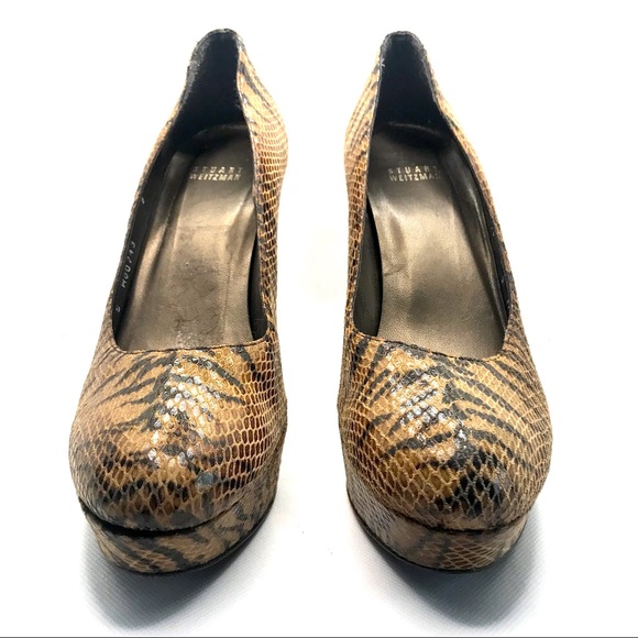 STUART WEITZMAN BROWN & BLACK LEATHER ANIMAL PRINT SNAKESKIN EMBOSSED HEELS (9)